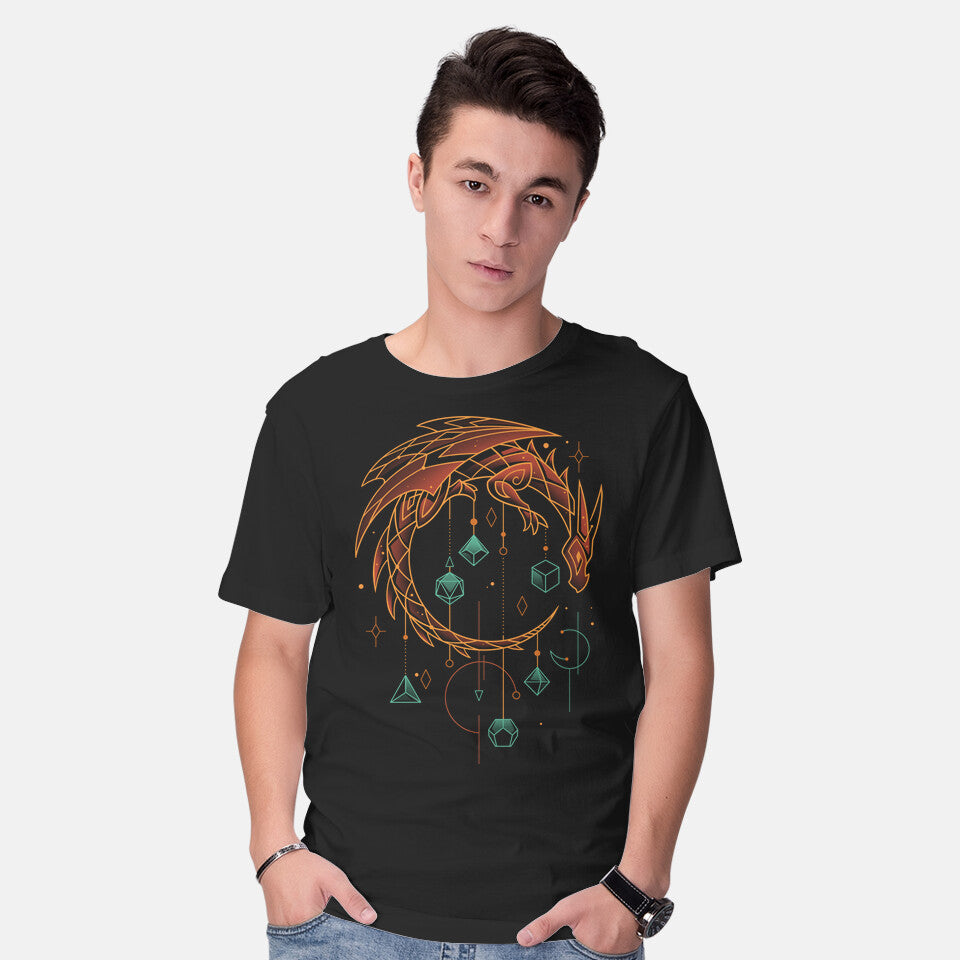 Model wearing black Draconic Dice Keeper – Gaming Graphic T-Shirt
