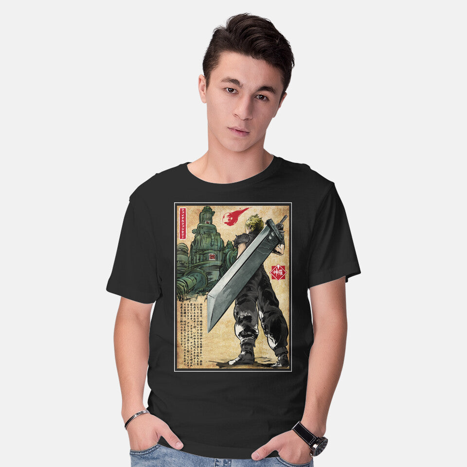 Model wearing black Welcome Back To Midgar – Gaming Graphic T-Shirt