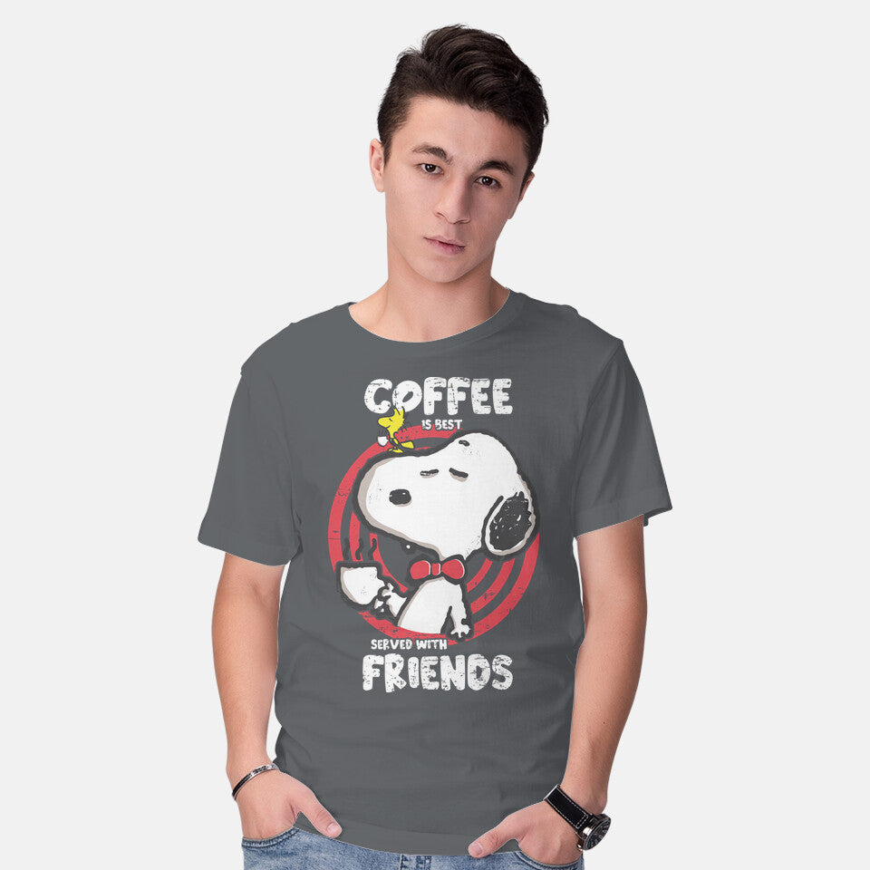 Model wearing charcoal Best Served – Coffee Graphic T-Shirt