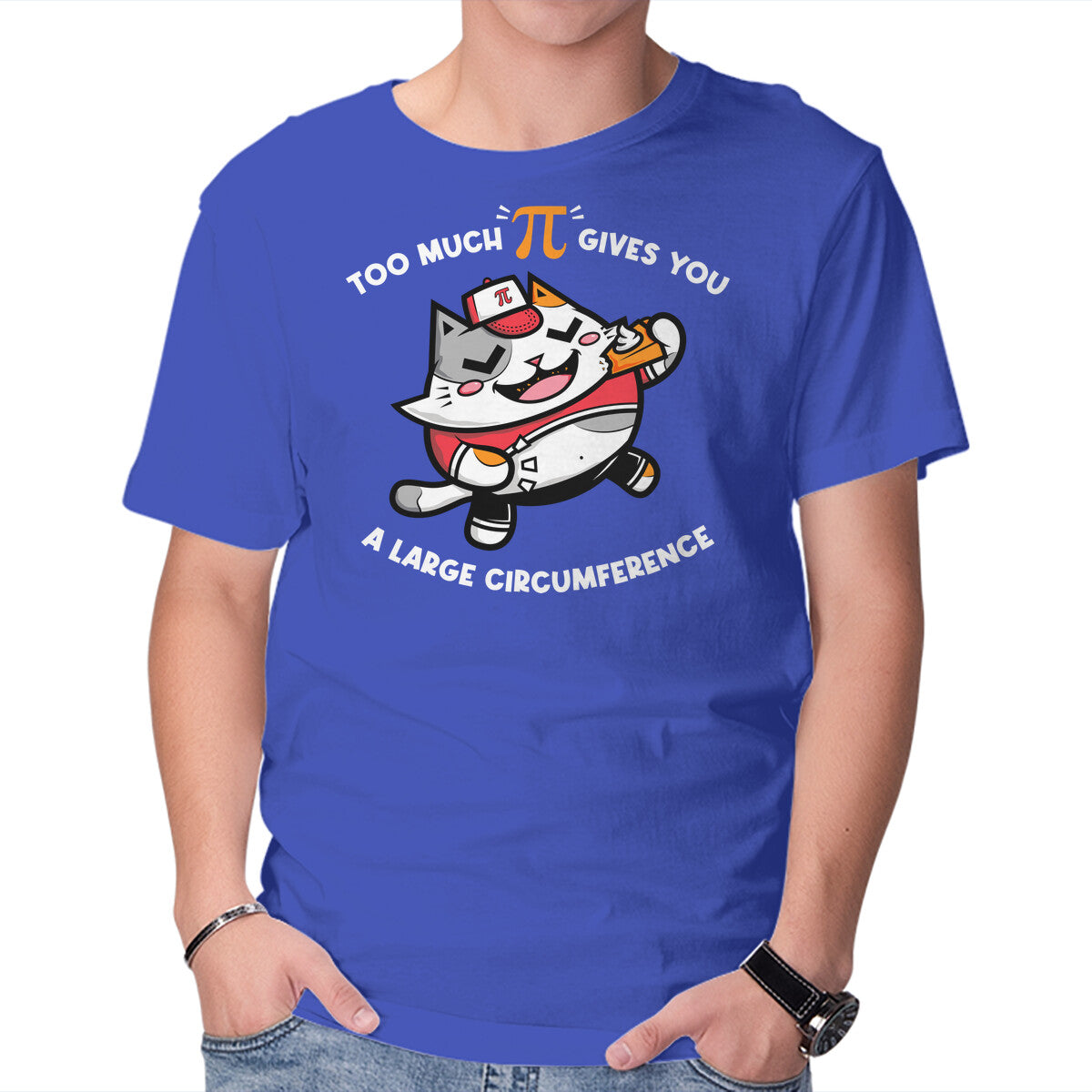 Too Much Pi – Cat Graphic T-Shirt in royal blue, product display