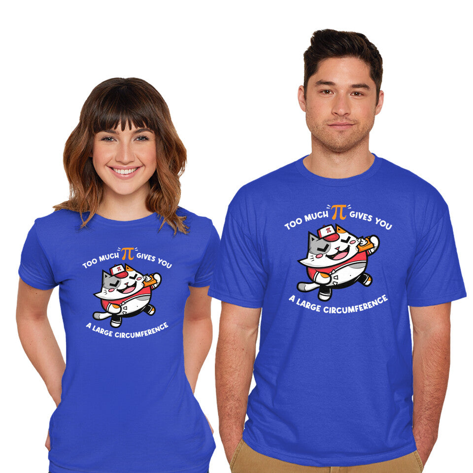 Model wearing royal blue Too Much Pi – Cat Graphic T-Shirt
