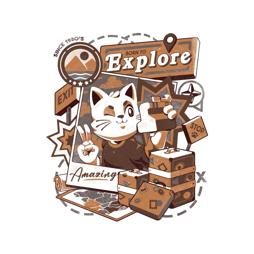 Explore The World – Cat Graphic T-Shirt design artwork for white graphic T-shirt