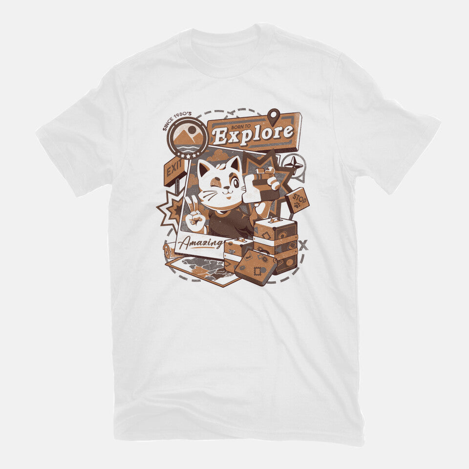Explore The World – Cat Graphic T-Shirt in white, flat-lay product view