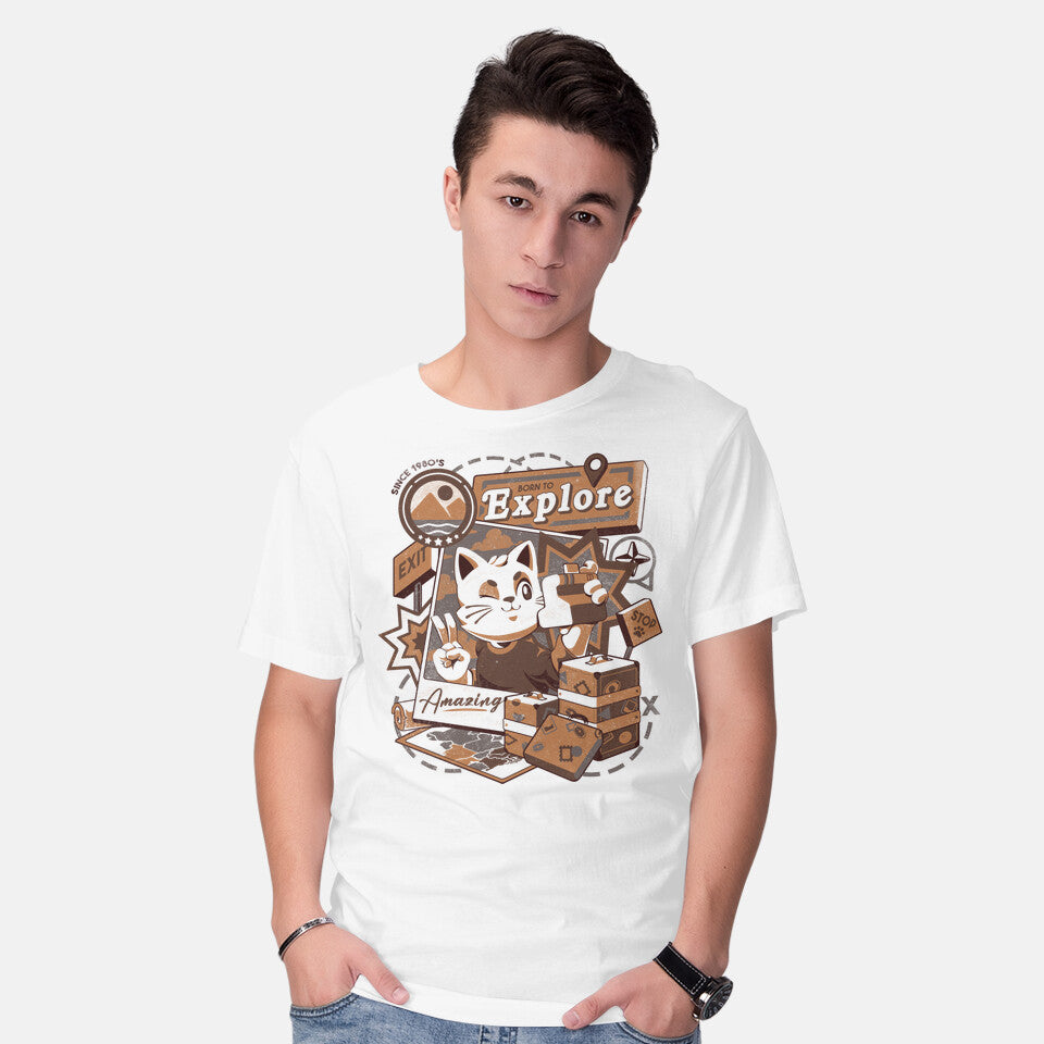 Model wearing white Explore The World – Cat Graphic T-Shirt