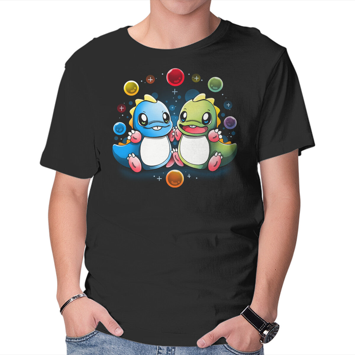 Twin Dragons – Gaming Graphic T-Shirt in black, product display
