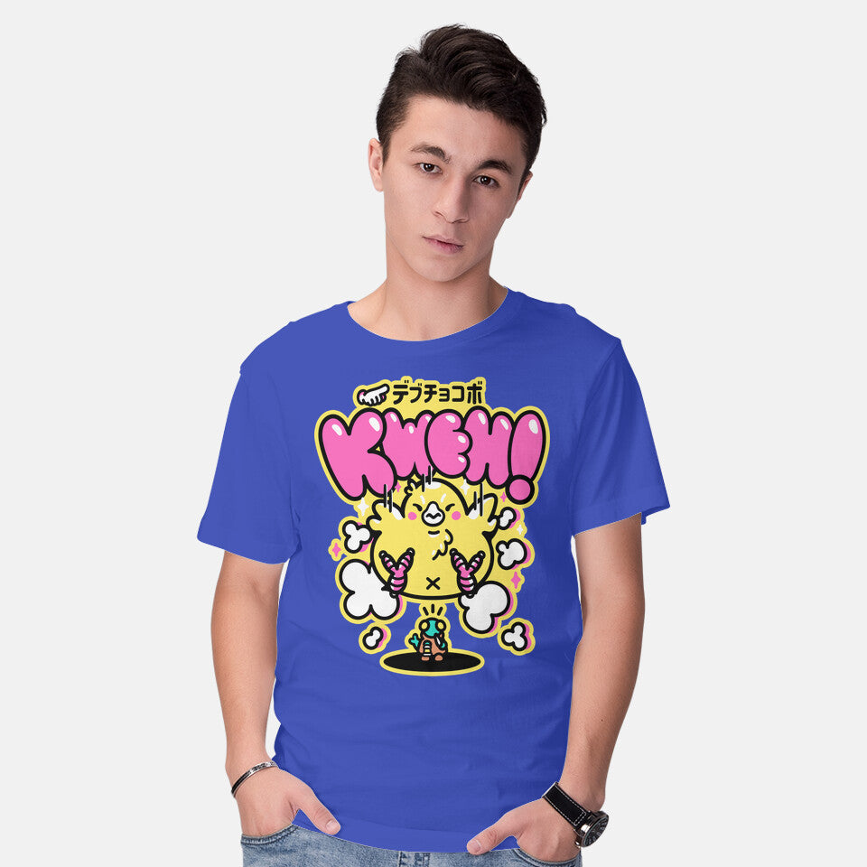 Model wearing royal blue Fat Summon – Gaming Graphic T-Shirt