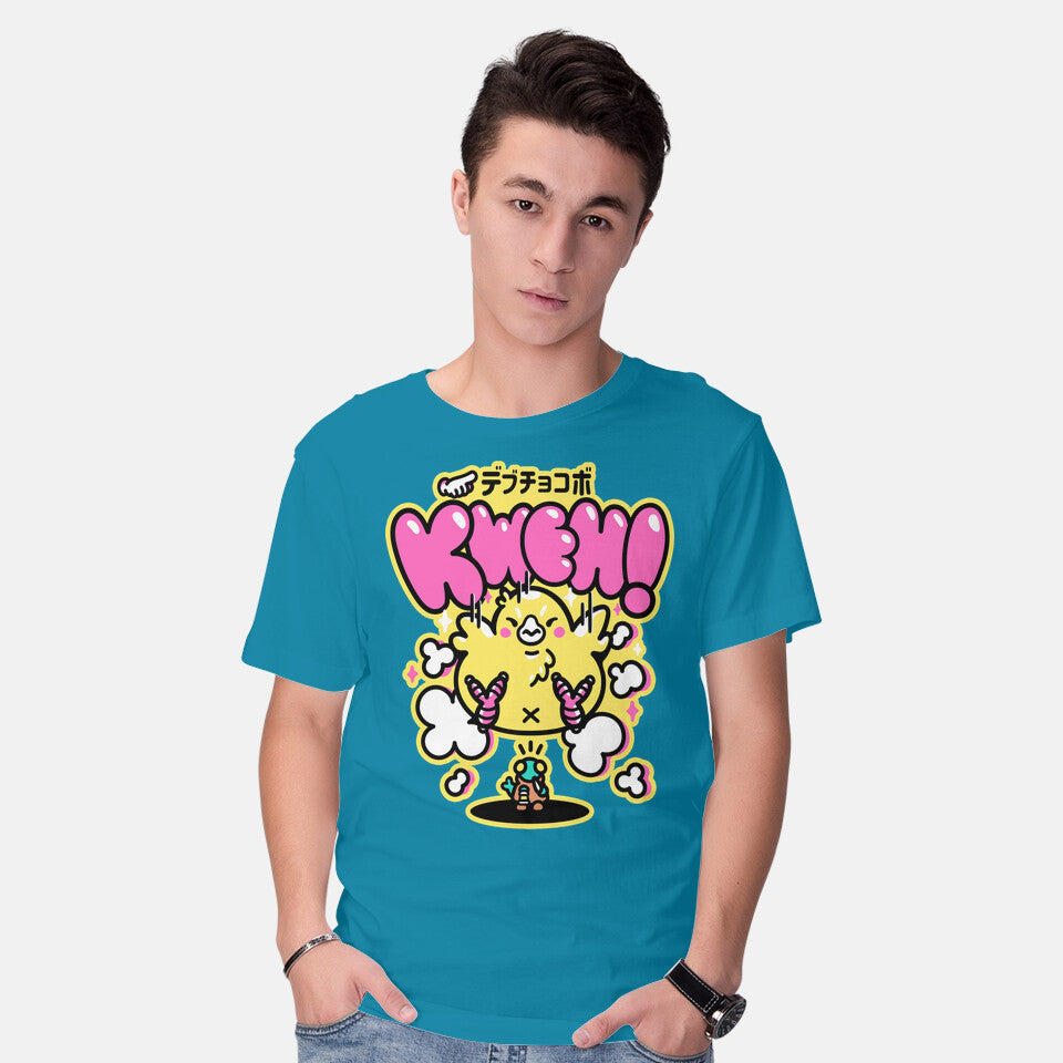 Model wearing turquoise Fat Summon – Gaming Graphic T-Shirt