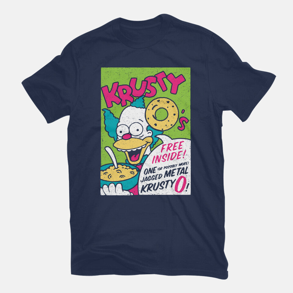 Krusty O's – Funny Graphic T-Shirt in navy, flat-lay product view