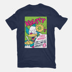 Krusty O's – Funny Graphic T-Shirt in navy, flat-lay product view