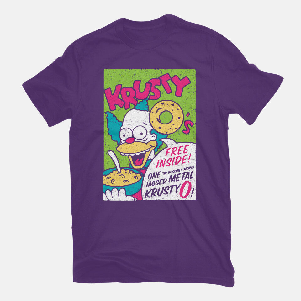 Krusty O's – Funny Graphic T-Shirt in purple, flat-lay product view