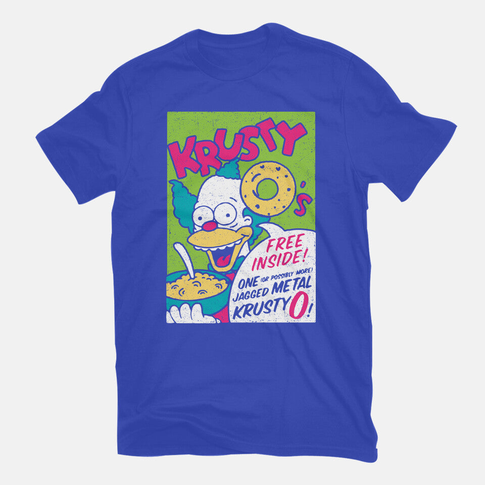 Krusty O's – Funny Graphic T-Shirt in royal blue, flat-lay product view