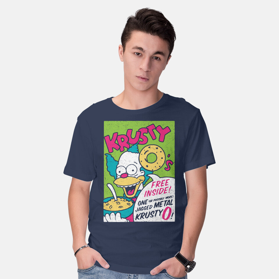 Model wearing navy Krusty O's – Funny Graphic T-Shirt