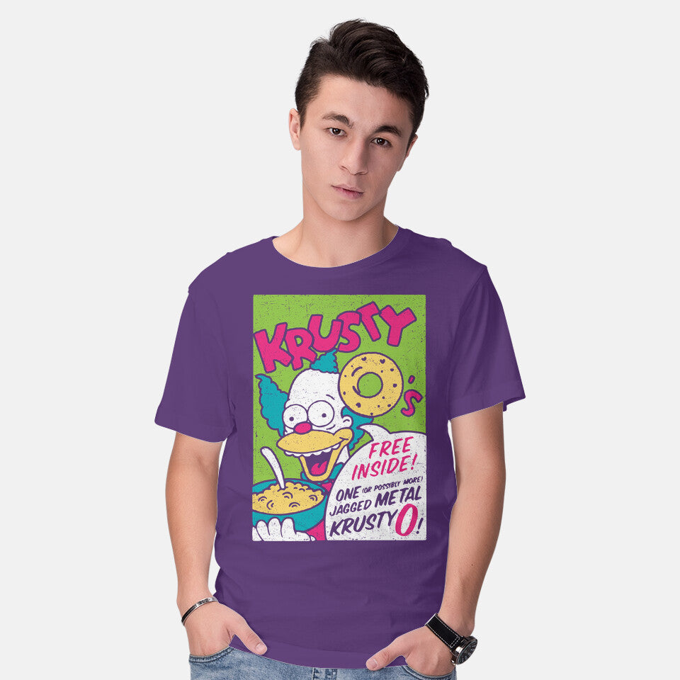 Model wearing purple Krusty O's – Funny Graphic T-Shirt