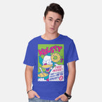 Model wearing royal blue Krusty O's – Funny Graphic T-Shirt