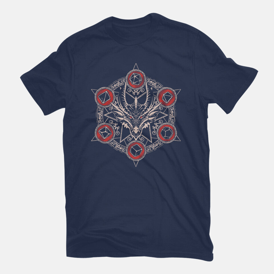 Dragon's Magic Circle – Gaming Graphic T-Shirt in navy, flat-lay product view