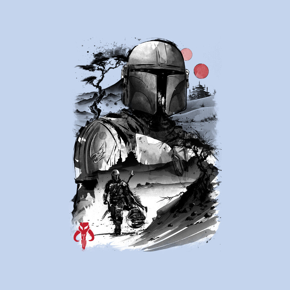 Bounty Hunter In The Desert Sumi-e – Sci-Fi Graphic T-Shirt design artwork for blue graphic T-shirt