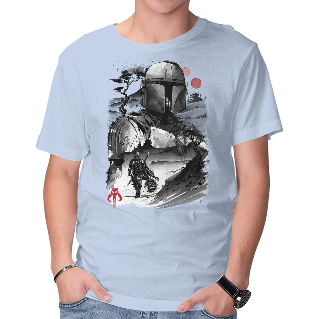 Bounty Hunter In The Desert Sumi-e – Sci-Fi Graphic T-Shirt in blue, product display
