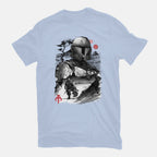 Bounty Hunter In The Desert Sumi-e – Sci-Fi Graphic T-Shirt in blue, flat-lay product view