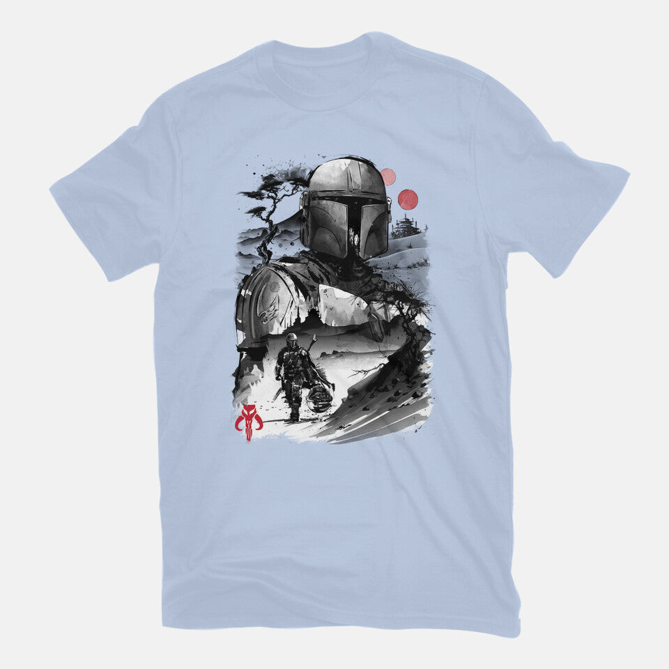 Bounty Hunter In The Desert Sumi-e – Sci-Fi Graphic T-Shirt in blue, flat-lay product view