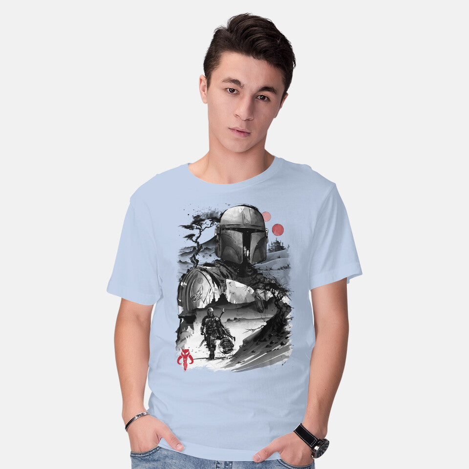 Model wearing blue Bounty Hunter In The Desert Sumi-e – Sci-Fi Graphic T-Shirt