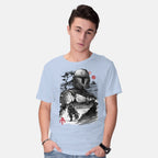 Model wearing blue Bounty Hunter In The Desert Sumi-e – Sci-Fi Graphic T-Shirt