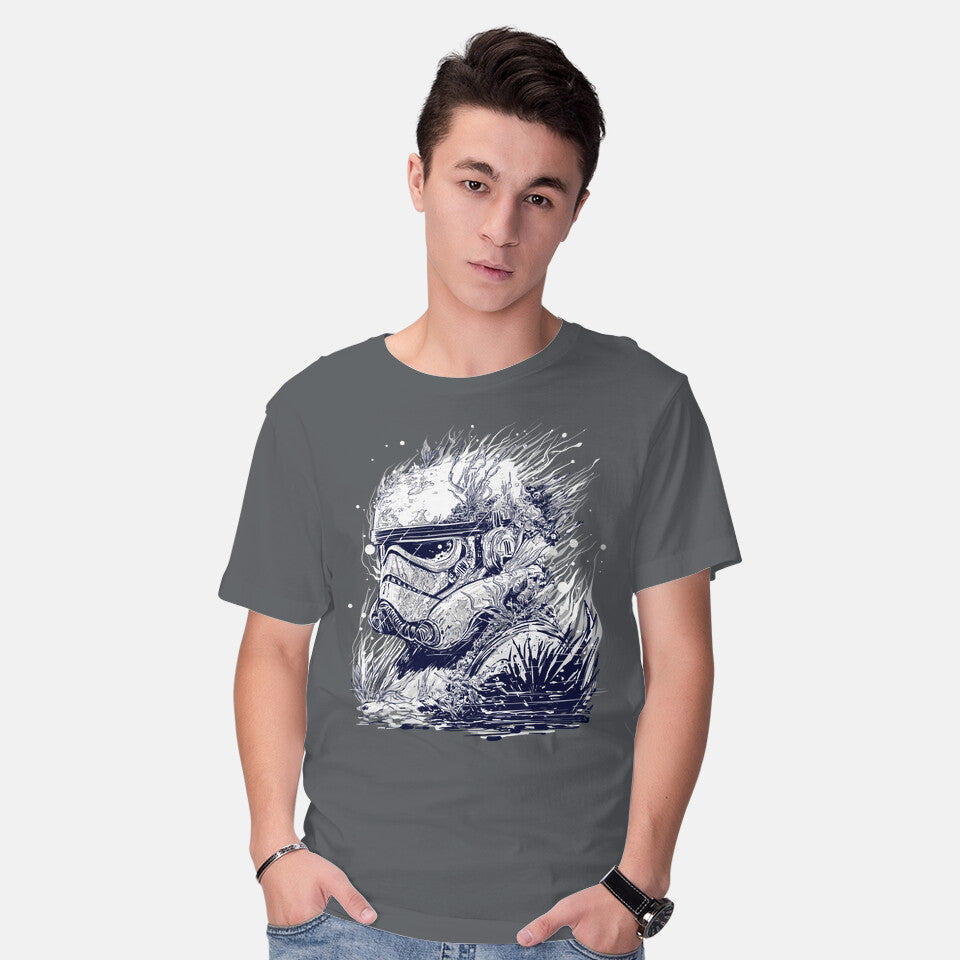 Model wearing charcoal Sea Trooper – Sci-Fi Graphic T-Shirt