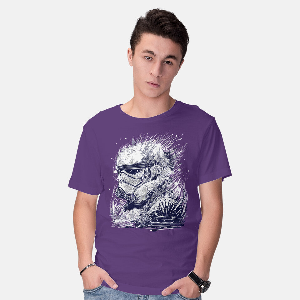 Model wearing purple Sea Trooper – Sci-Fi Graphic T-Shirt