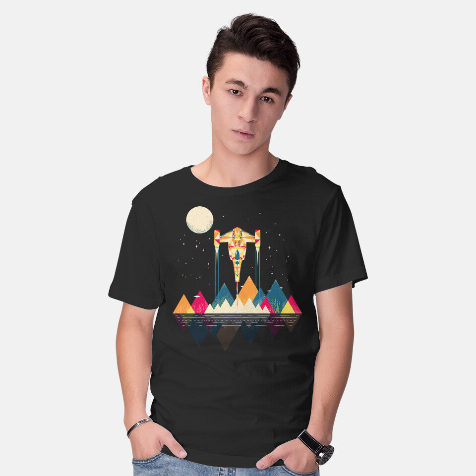 Model wearing black Starfighter – Sci-Fi Graphic T-Shirt