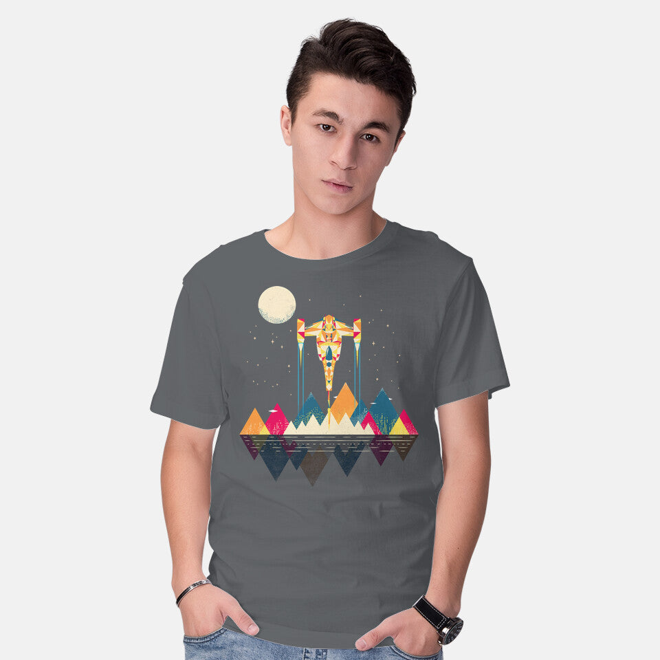 Model wearing charcoal Starfighter – Sci-Fi Graphic T-Shirt