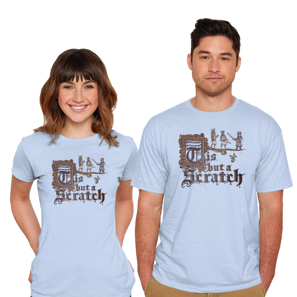 Model wearing blue A Scratch – Movie Graphic T-Shirt