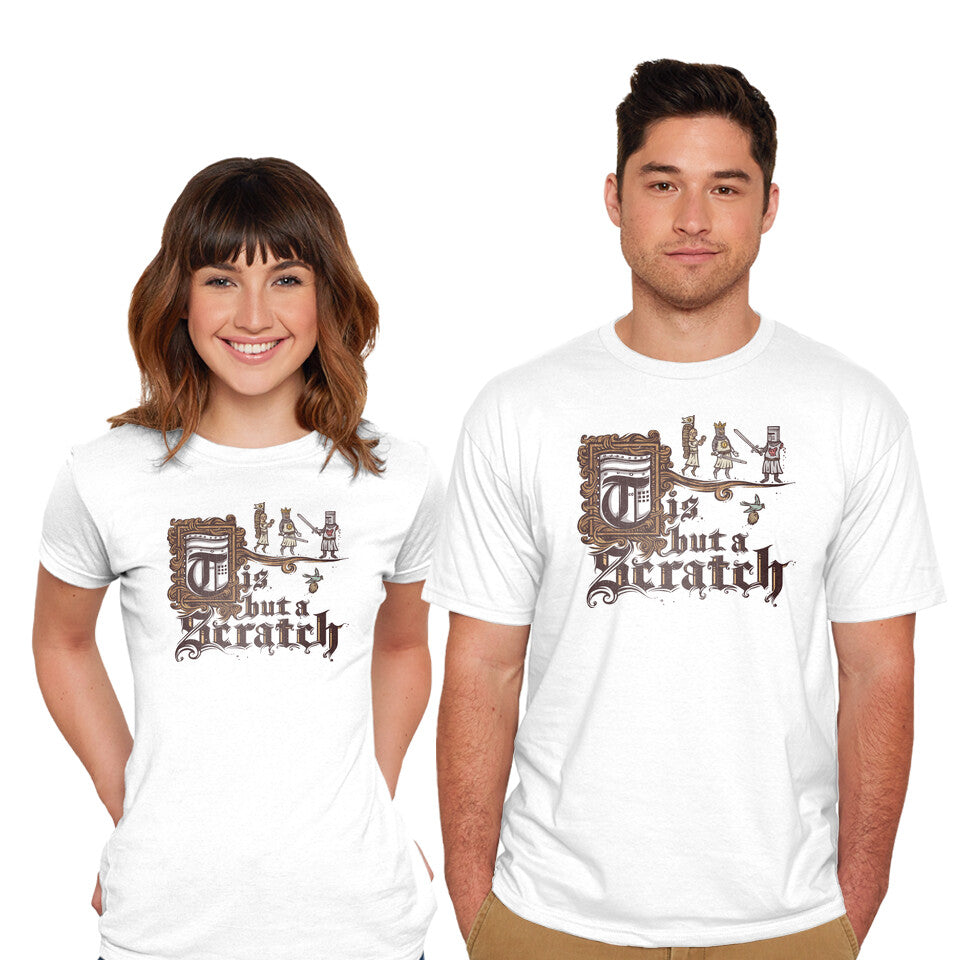 Model wearing white A Scratch – Movie Graphic T-Shirt