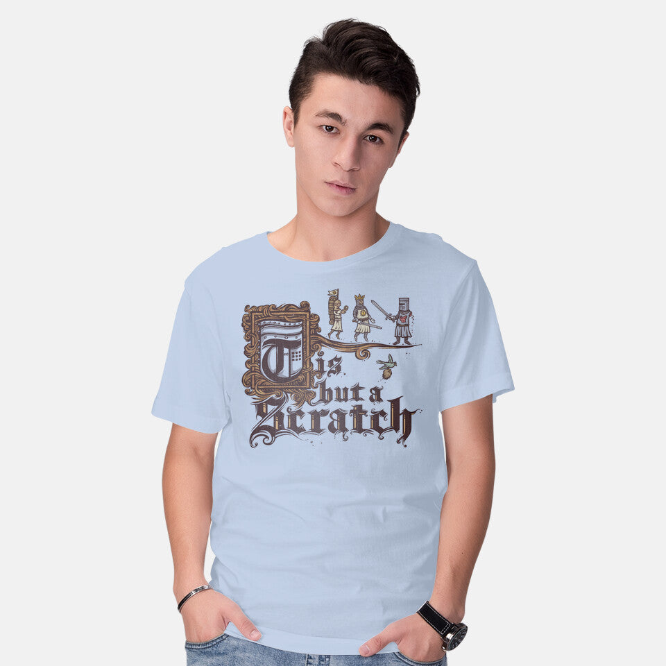 Model wearing blue A Scratch – Movie Graphic T-Shirt