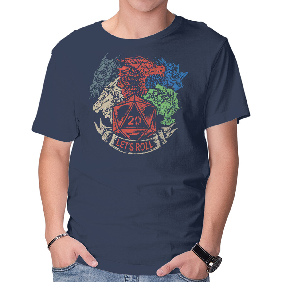Let's Roll Tiamat – Gaming Graphic T-Shirt in navy, product display