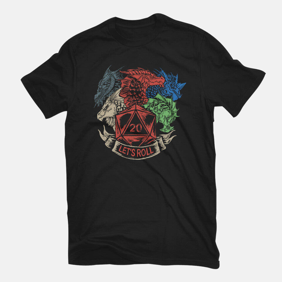 Let's Roll Tiamat – Gaming Graphic T-Shirt in black, flat-lay product view
