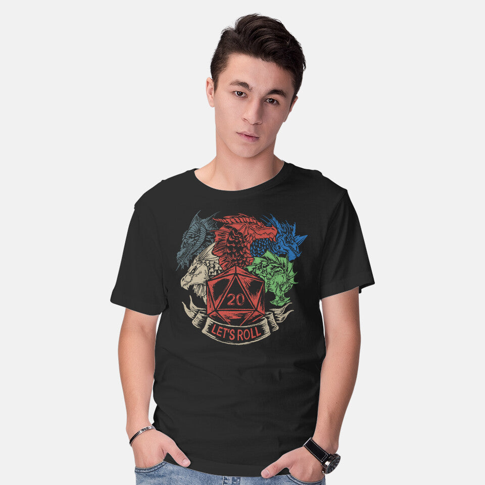 Model wearing black Let's Roll Tiamat – Gaming Graphic T-Shirt