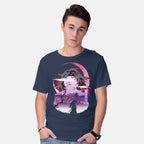 Model wearing navy Red Moon Breathing – Anime Graphic T-Shirt