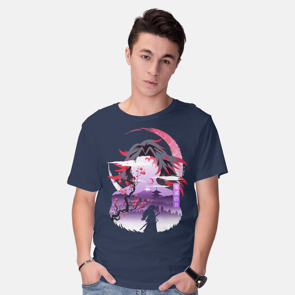 Model wearing navy Red Moon Breathing – Anime Graphic T-Shirt