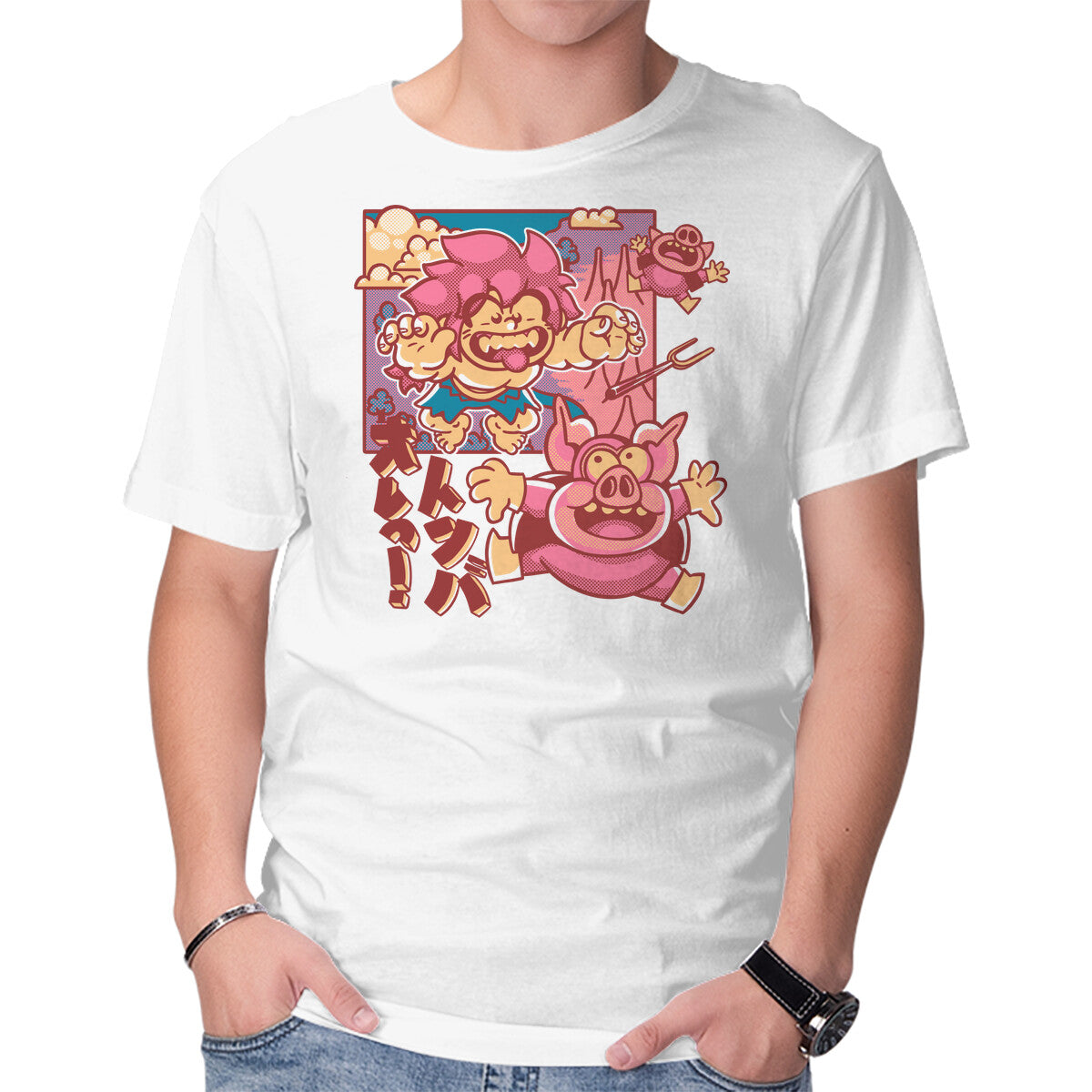 Defeating Pigs – Gaming Graphic T-Shirt in white, product display