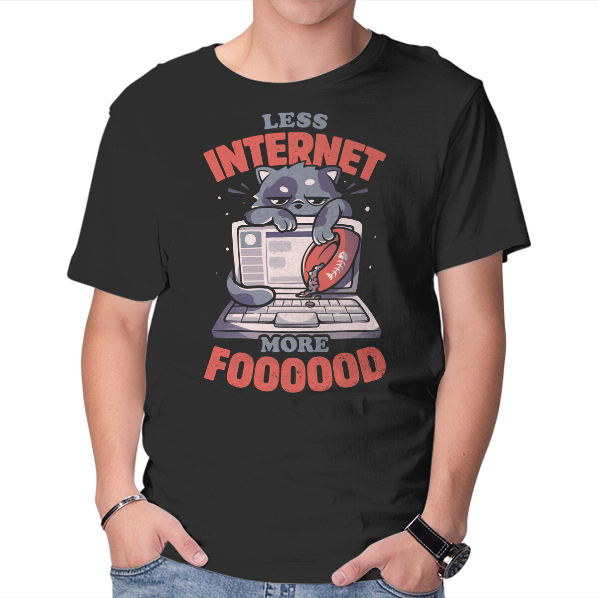 Less Internet More Food – Cat Graphic T-Shirt in black, product display