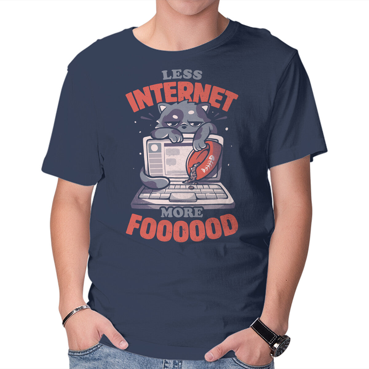 Less Internet More Food – Cat Graphic T-Shirt in navy, product display
