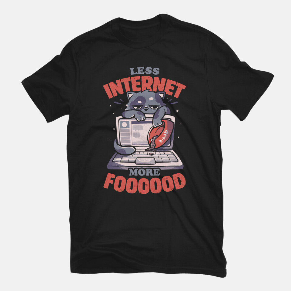 Less Internet More Food – Cat Graphic T-Shirt in black, flat-lay product view
