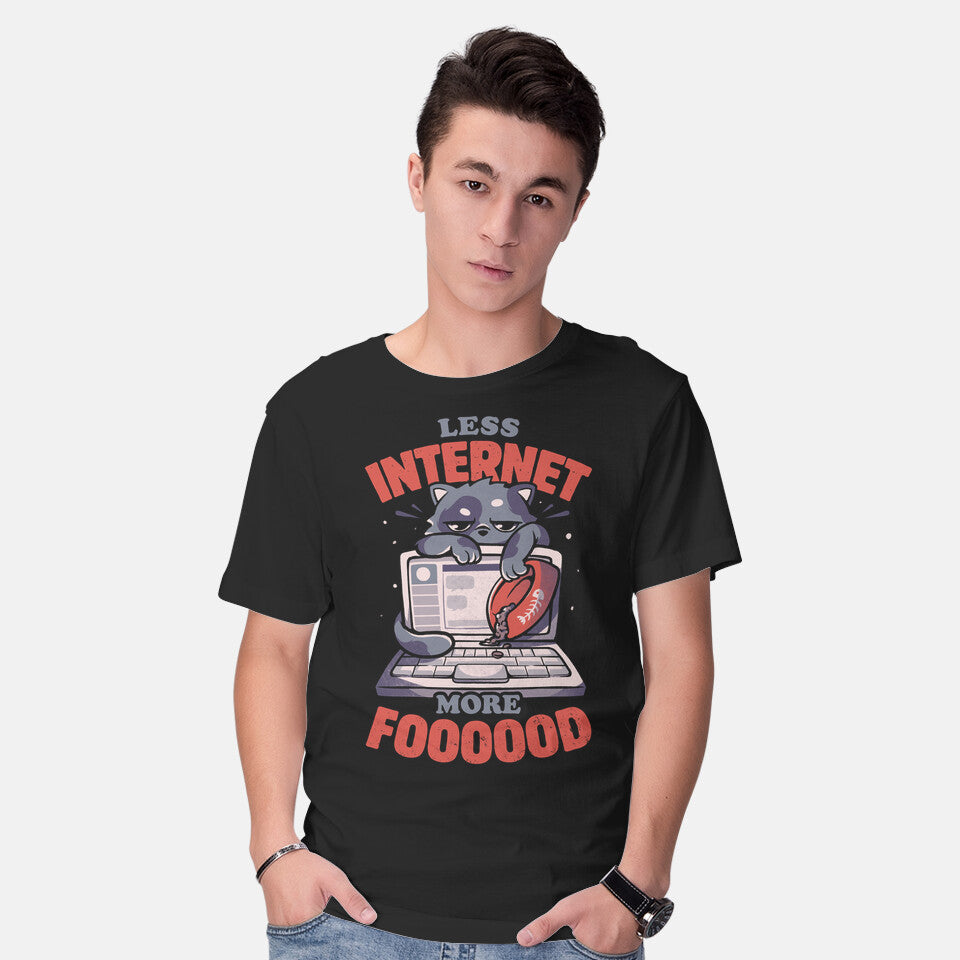 Model wearing black Less Internet More Food – Cat Graphic T-Shirt