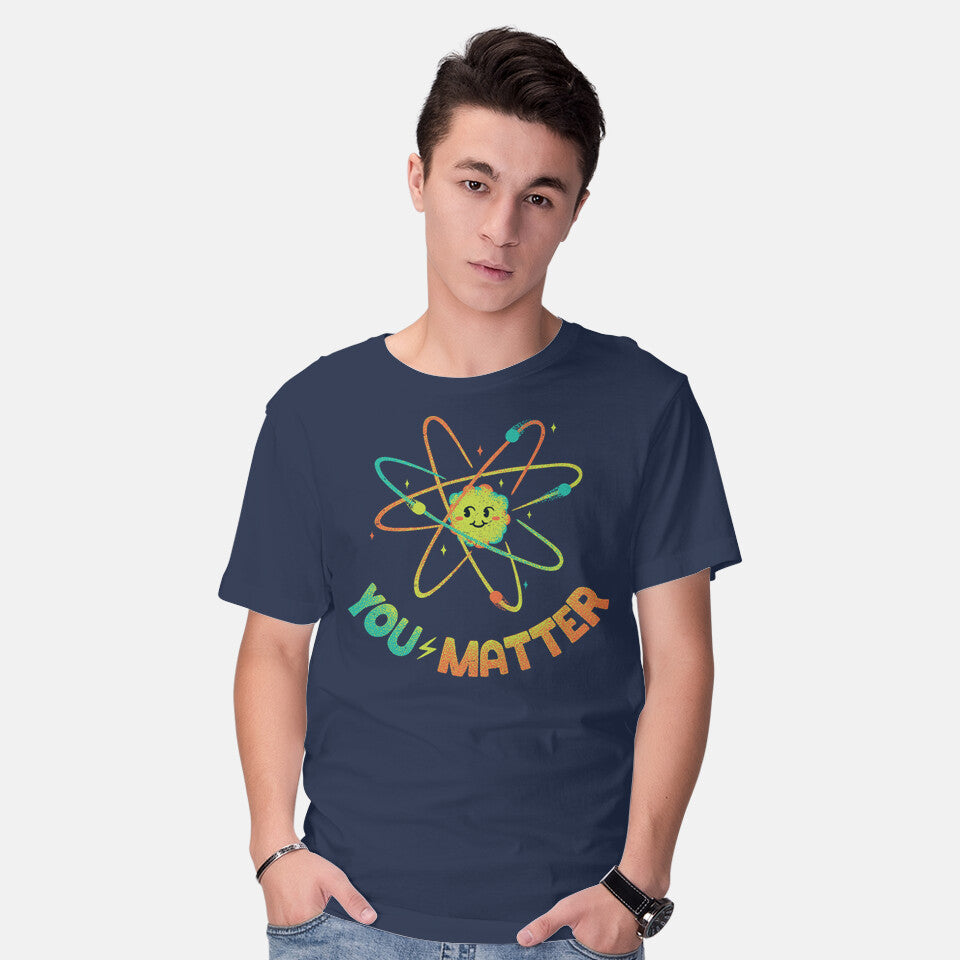 Model wearing navy You Matter Atom Science Graphic T-Shirt