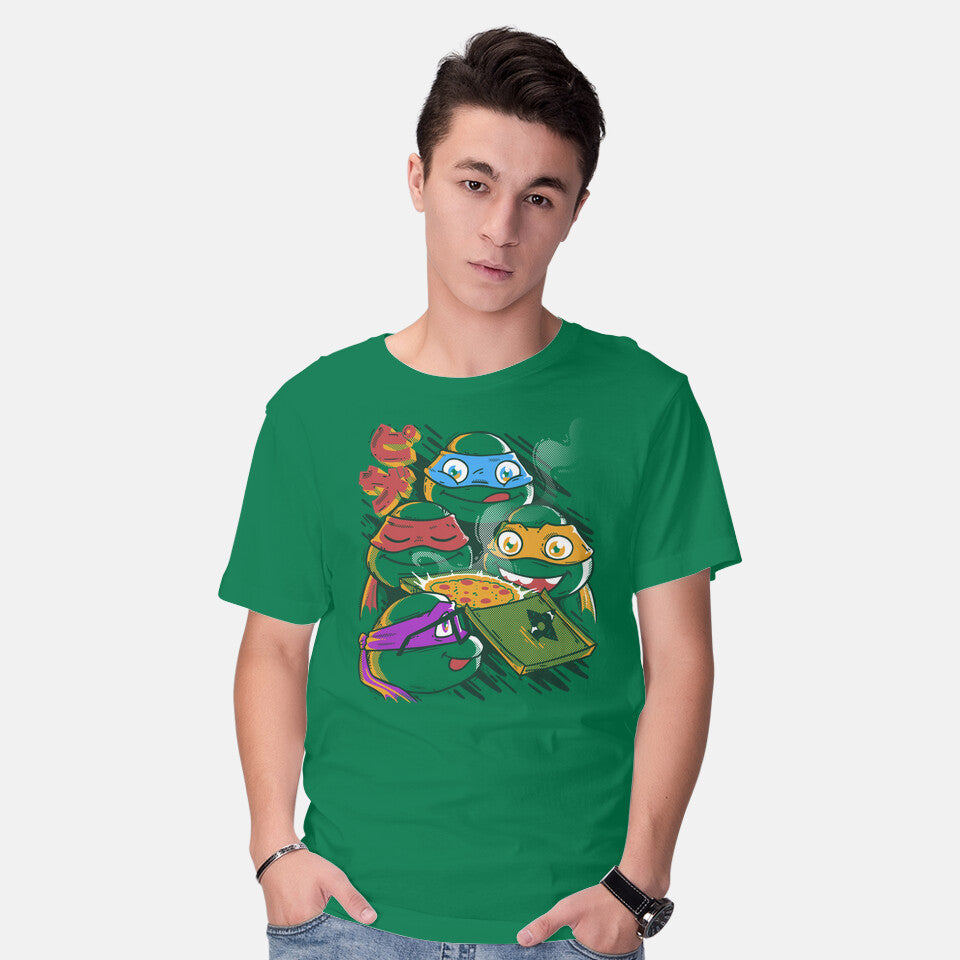 Model wearing green Pizza Speel Graphic T-Shirt