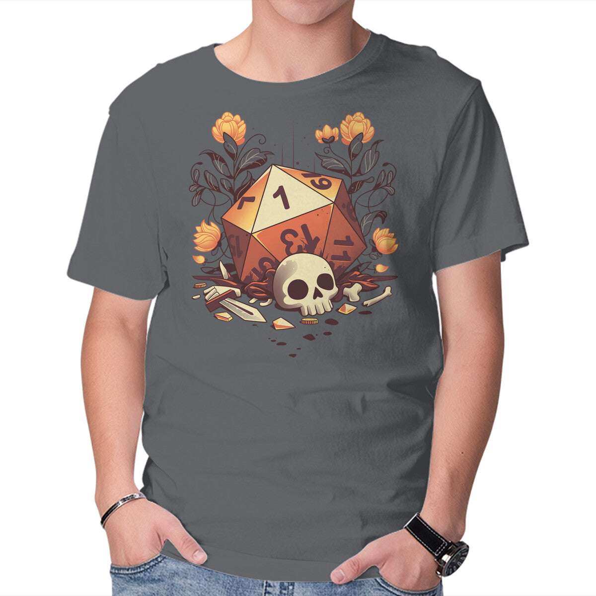 Fatal Roll – Gaming Graphic T-Shirt in charcoal, product display