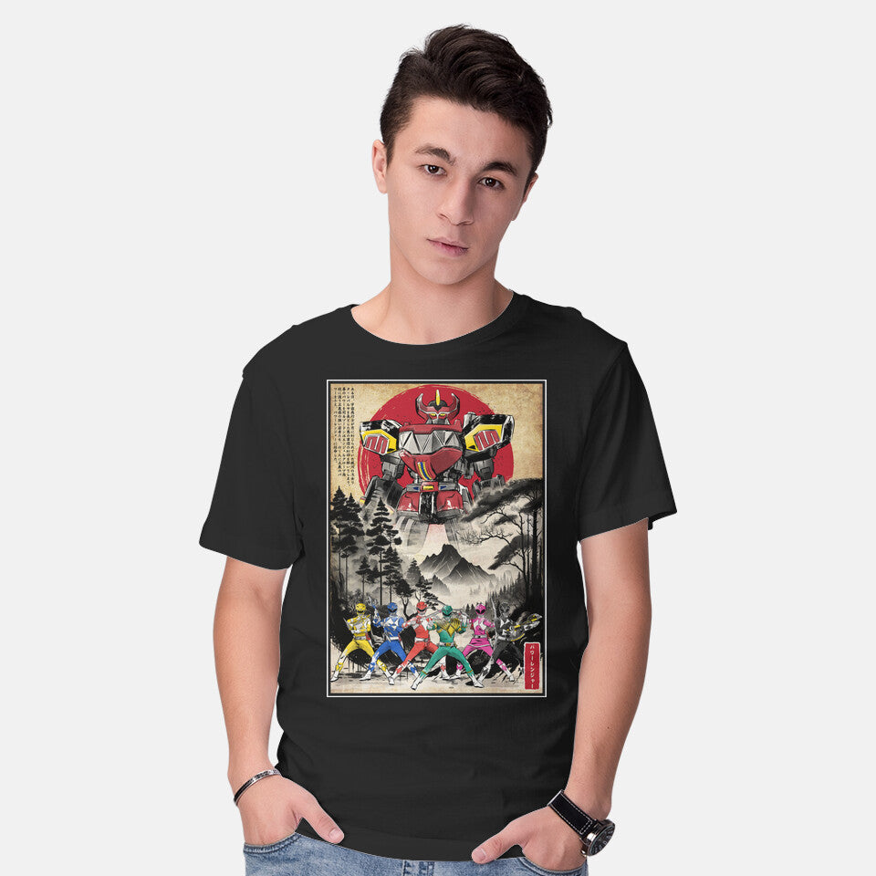 Model wearing black Rangers In Japan Woodblock Graphic T-Shirt