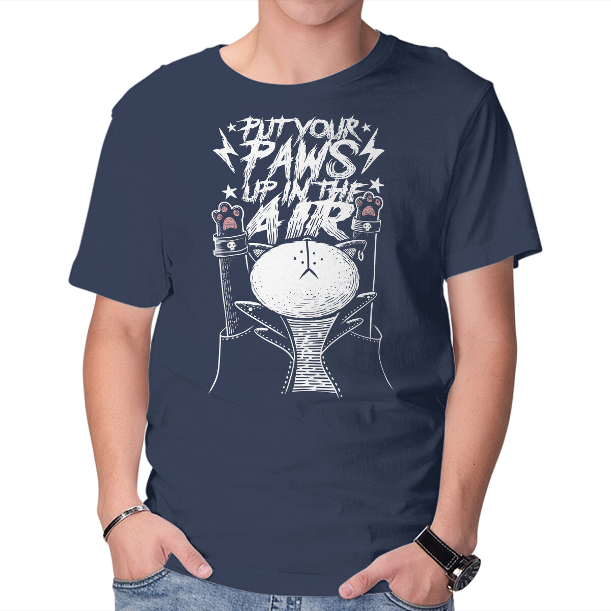 Put Your Paws Up – Cat Graphic T-Shirt in navy, product display