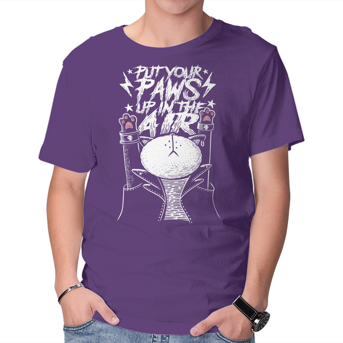 Put Your Paws Up – Cat Graphic T-Shirt in purple, product display