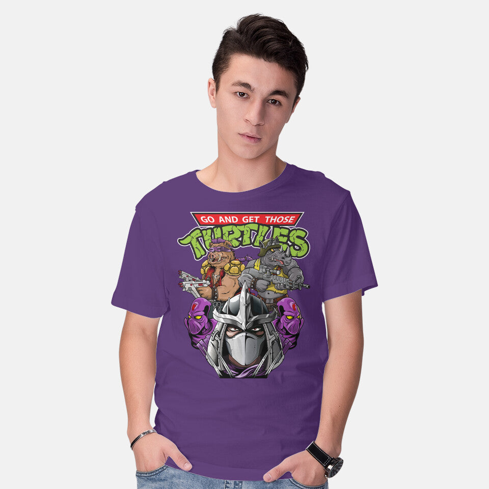Model wearing purple Shredder And Co Graphic T-Shirt
