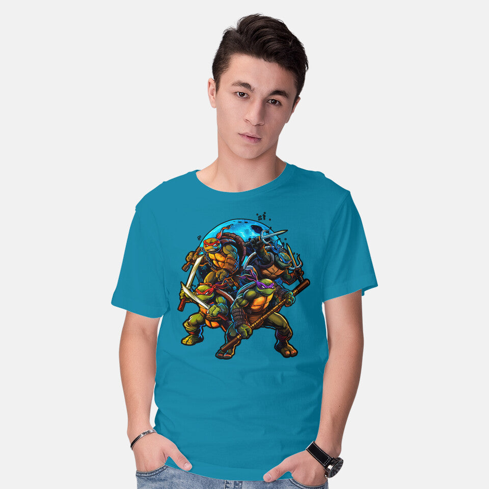 Model wearing turquoise Classic Ninjas Graphic T-Shirt